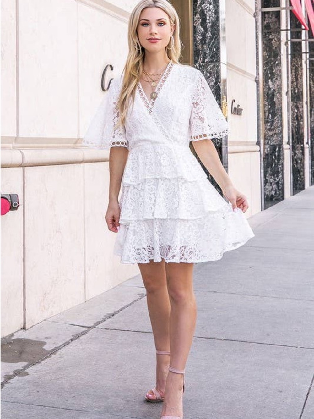 White Lace Tiered Mini Dress